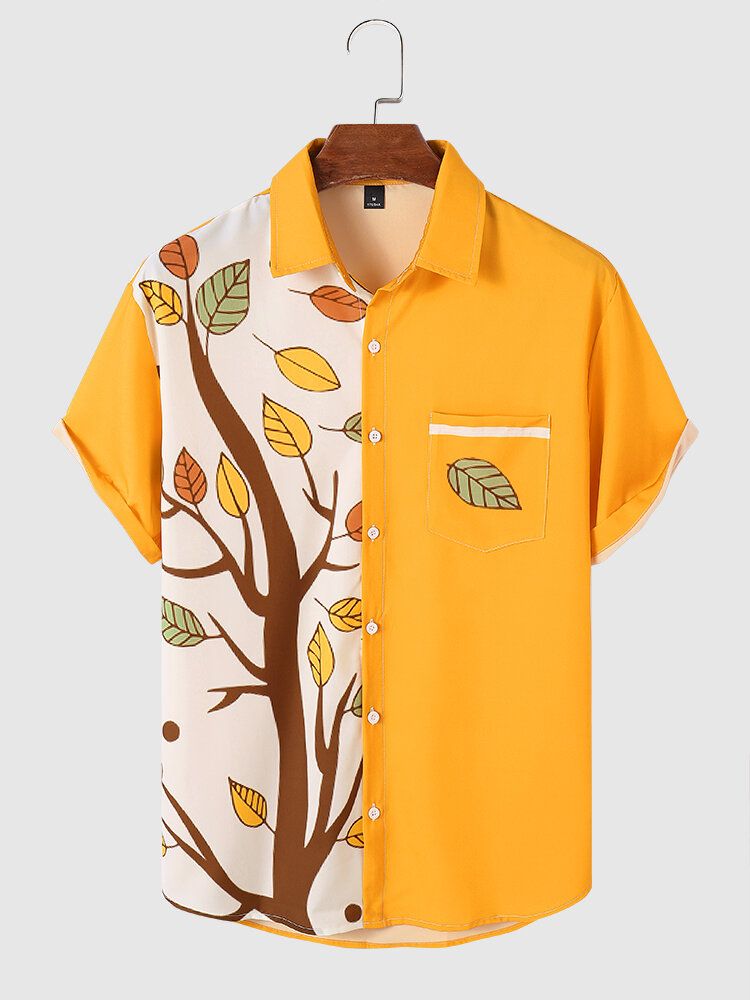 Män Cartoon Tree Print Front Knappar Mjuk Andas Casual Shirts