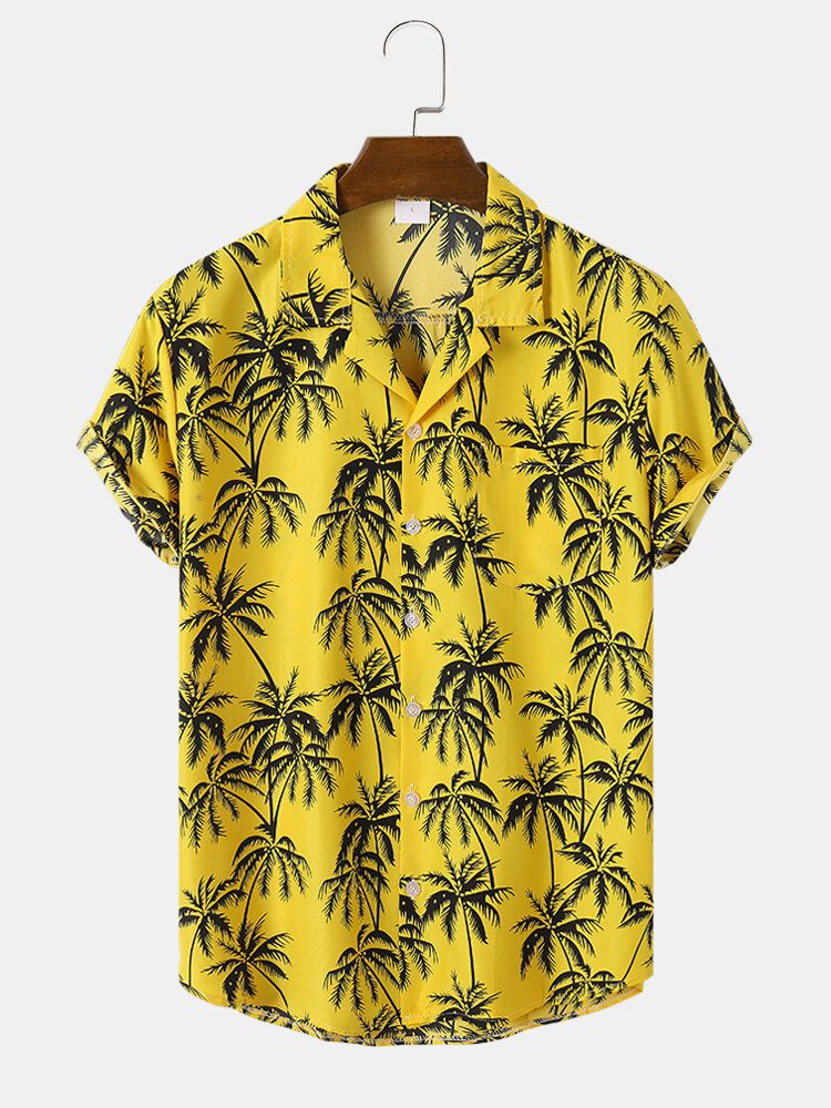 Män Coconut Tree Grafisk Revere Collar Hawaii Style Mjuka Fritidsskjortor