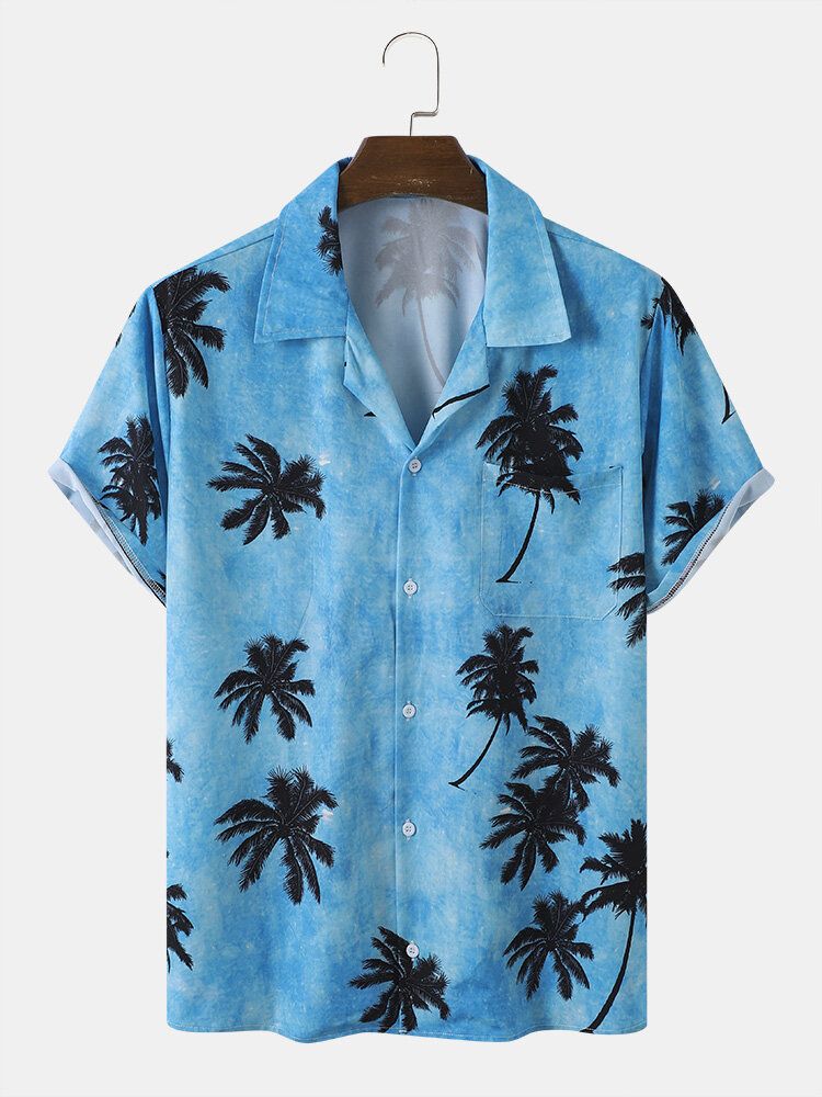 Män Coconut Tree Hawaii Style Casual Hudvänlig Alla Matchade Mjuka Skjortor