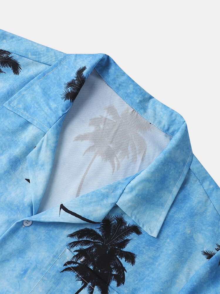 Män Coconut Tree Hawaii Style Casual Hudvänlig Alla Matchade Mjuka Skjortor