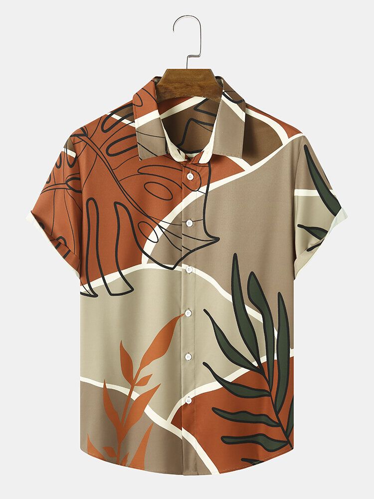 Män Color Block Grafisk Tropical Plant Print Casual Kortärmade Skjortor