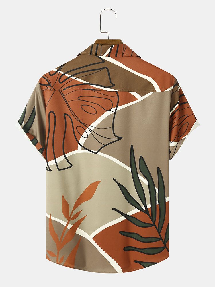 Män Color Block Grafisk Tropical Plant Print Casual Kortärmade Skjortor