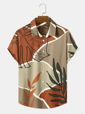 Män Color Block Grafisk Tropical Plant Print Casual Kortärmade Skjortor