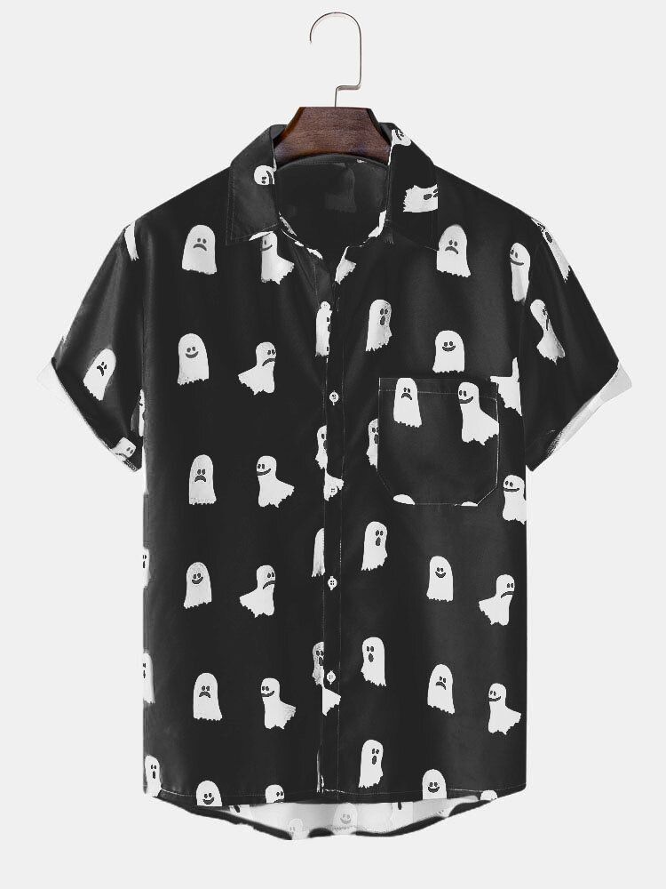 Män Halloween All Over Ghost Print Button Casual Kortärmade Skjortor