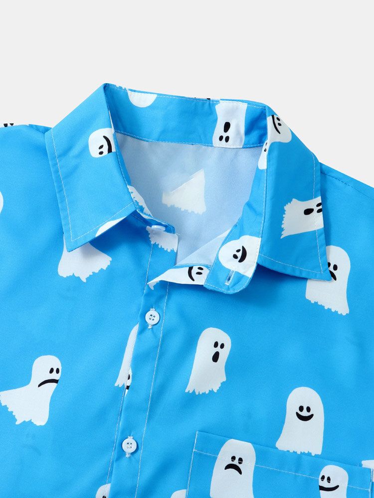 Män Halloween All Over Ghost Print Button Casual Kortärmade Skjortor