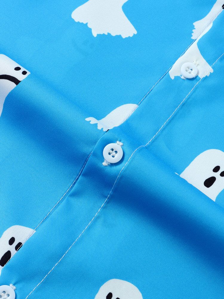 Män Halloween All Over Ghost Print Button Casual Kortärmade Skjortor