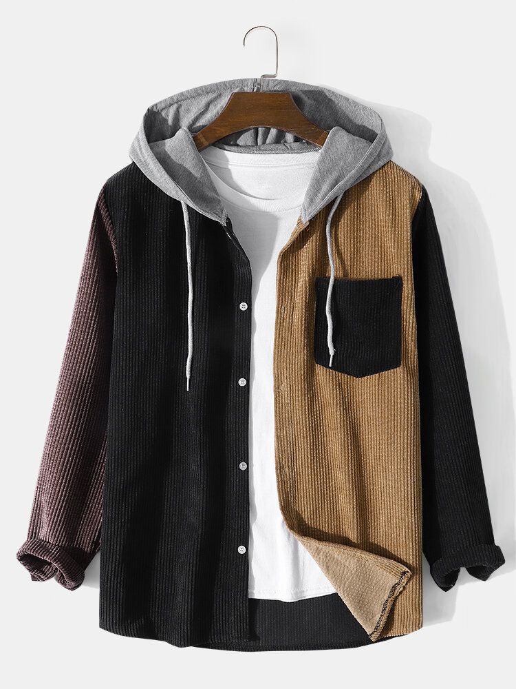 Män Patchwork Color Block Bröstficka Hood Shirts