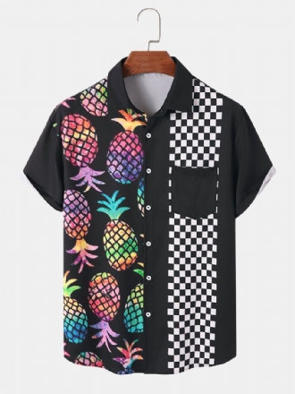 Män Pineapple Gingham Print Pocket Alla Matchade Hudvänliga Skjortor