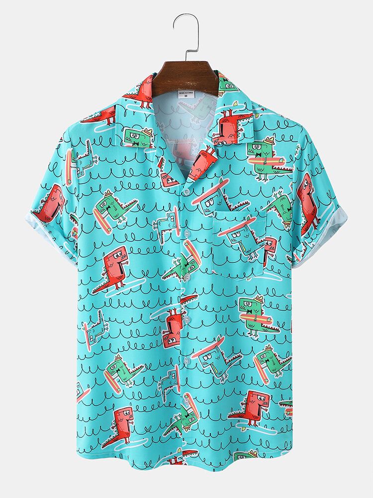 Män Roligt Dinosaurietryck Beachwear Ice Silk Comfy Revere Collar Hawaii Style Shirts