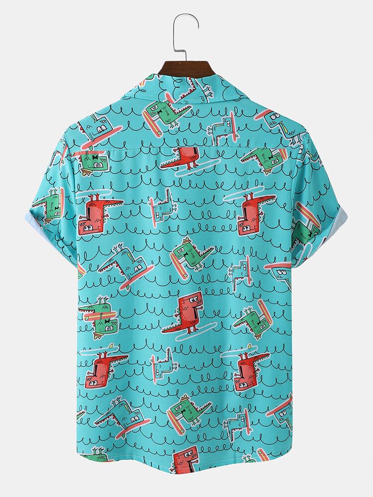 Män Roligt Dinosaurietryck Beachwear Ice Silk Comfy Revere Collar Hawaii Style Shirts