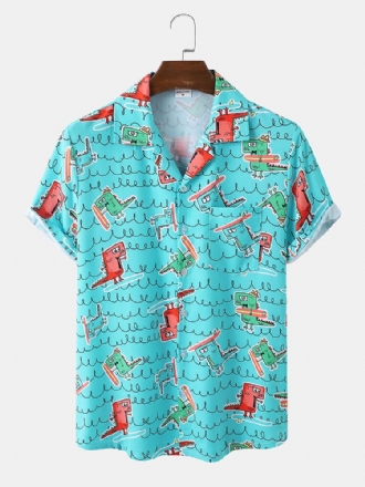 Män Roligt Dinosaurietryck Beachwear Ice Silk Comfy Revere Collar Hawaii Style Shirts