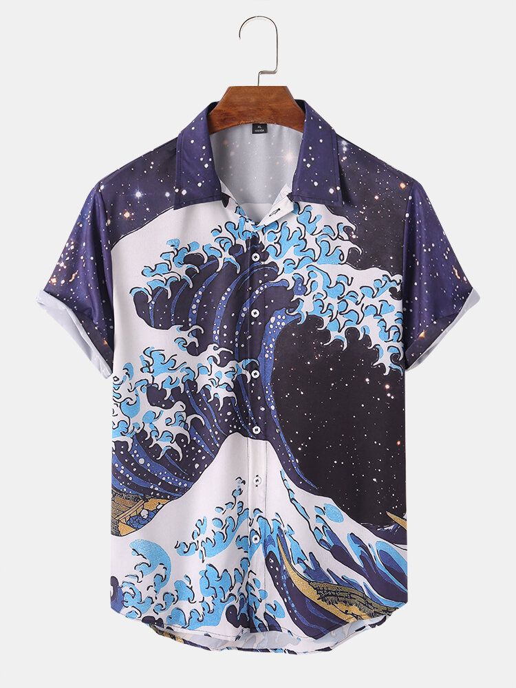 Män Ukiyoe Landskap Mountain Print Lapel Casual Shirts