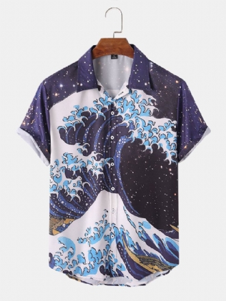 Män Ukiyoe Landskap Mountain Print Lapel Casual Shirts