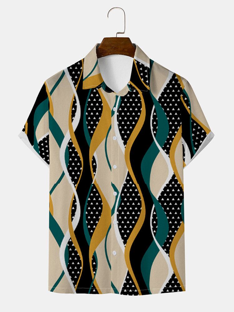 Män Waves Patchwork Print Fåll Manschetten Kortärmad Casual Shirts