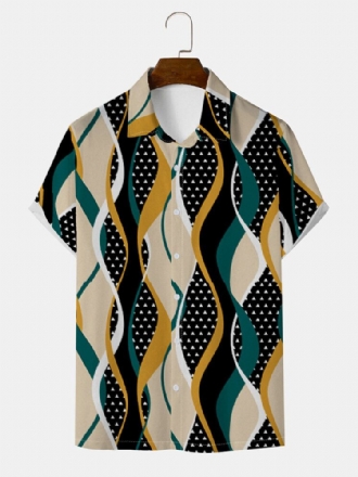 Män Waves Patchwork Print Fåll Manschetten Kortärmad Casual Shirts