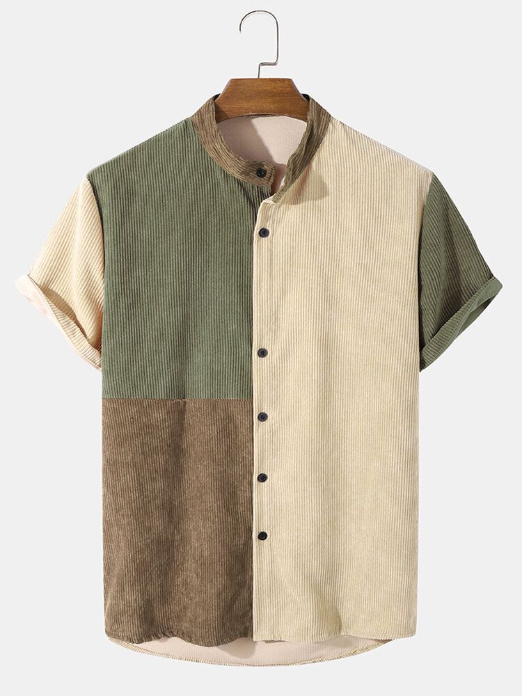 Manchester Colour Block Panel Patchwork Grandad Collar Shirts