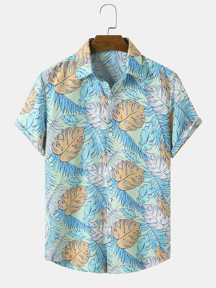 Men Allover Tropical Plants Cartoon Beachwear Lapel Hawaii Style Shirts