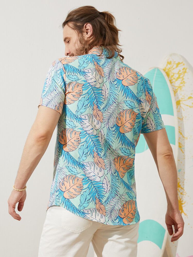 Men Allover Tropical Plants Cartoon Beachwear Lapel Hawaii Style Shirts