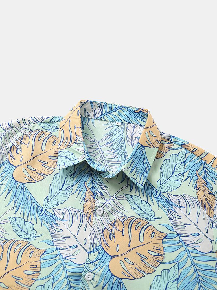 Men Allover Tropical Plants Cartoon Beachwear Lapel Hawaii Style Shirts