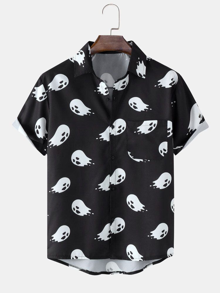 Men Halloween Allover Ghost Print Pocket Button Skjortor Med Hög Låg Fåll