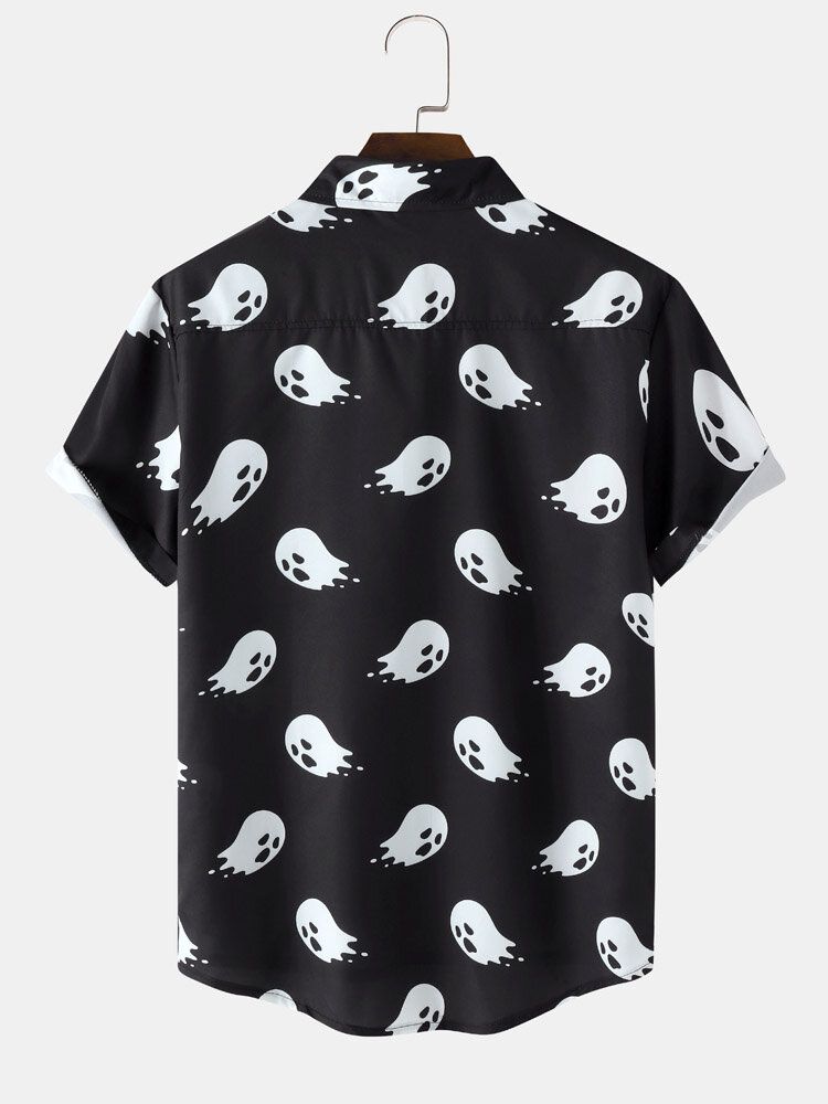 Men Halloween Allover Ghost Print Pocket Button Skjortor Med Hög Låg Fåll