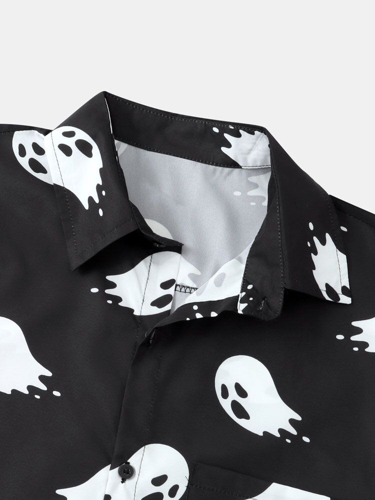 Men Halloween Allover Ghost Print Pocket Button Skjortor Med Hög Låg Fåll