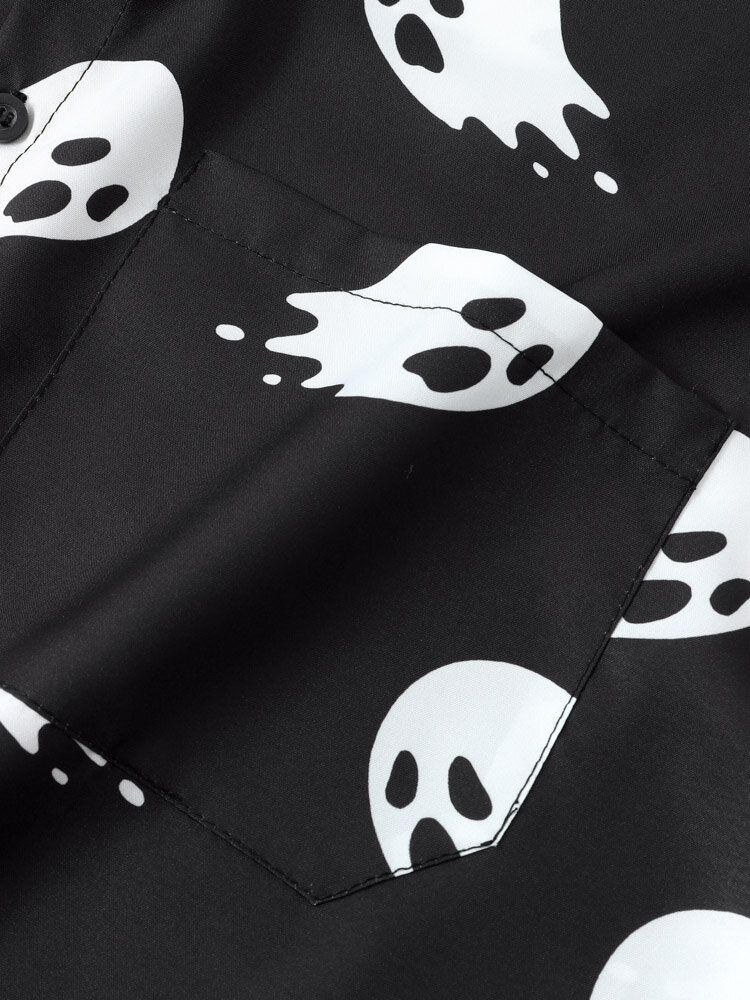 Men Halloween Allover Ghost Print Pocket Button Skjortor Med Hög Låg Fåll