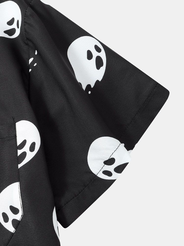 Men Halloween Allover Ghost Print Pocket Button Skjortor Med Hög Låg Fåll