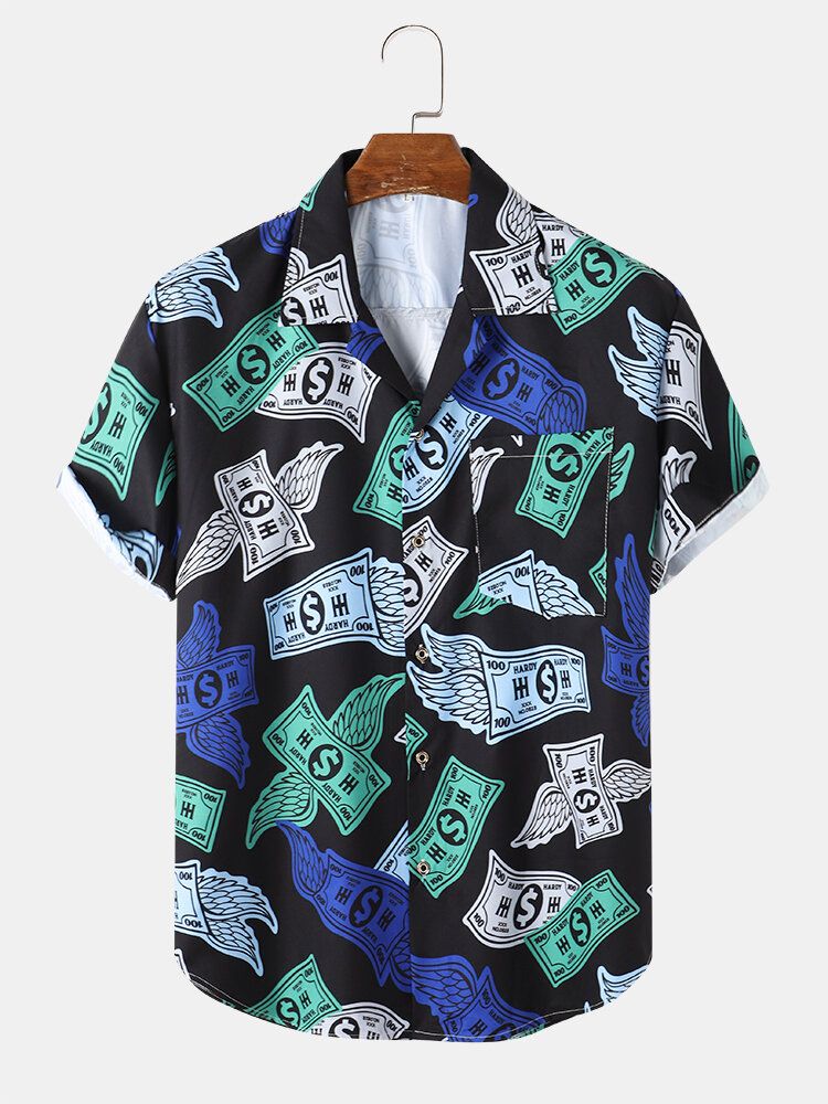 Money Print Revere Collar Pocket Shirts För Män