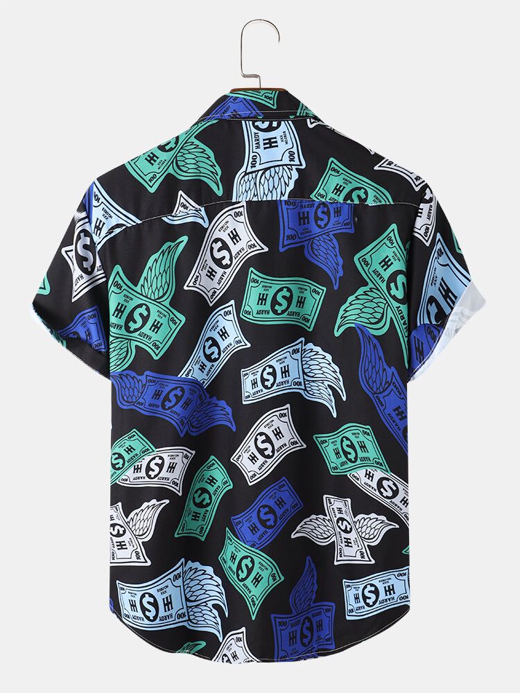 Money Print Revere Collar Pocket Shirts För Män