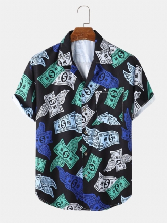 Money Print Revere Collar Pocket Shirts För Män