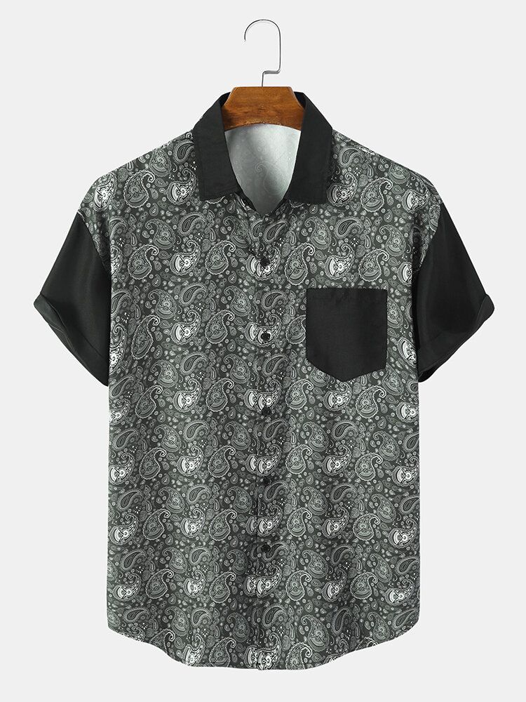 Monokrom Paisley Print Button Up Kortärmade Skjortor För Män