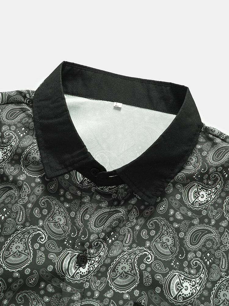 Monokrom Paisley Print Button Up Kortärmade Skjortor För Män