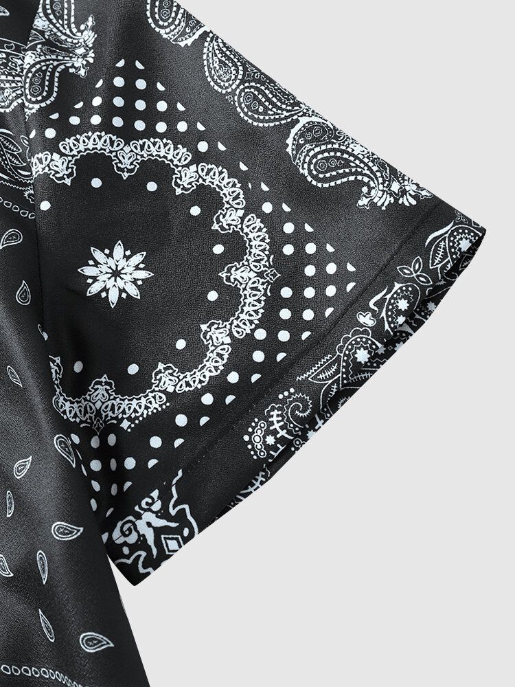 Monokrom Paisley Scarf Print Stitched Bomullsskjortor Med Korta Ärmar För Män