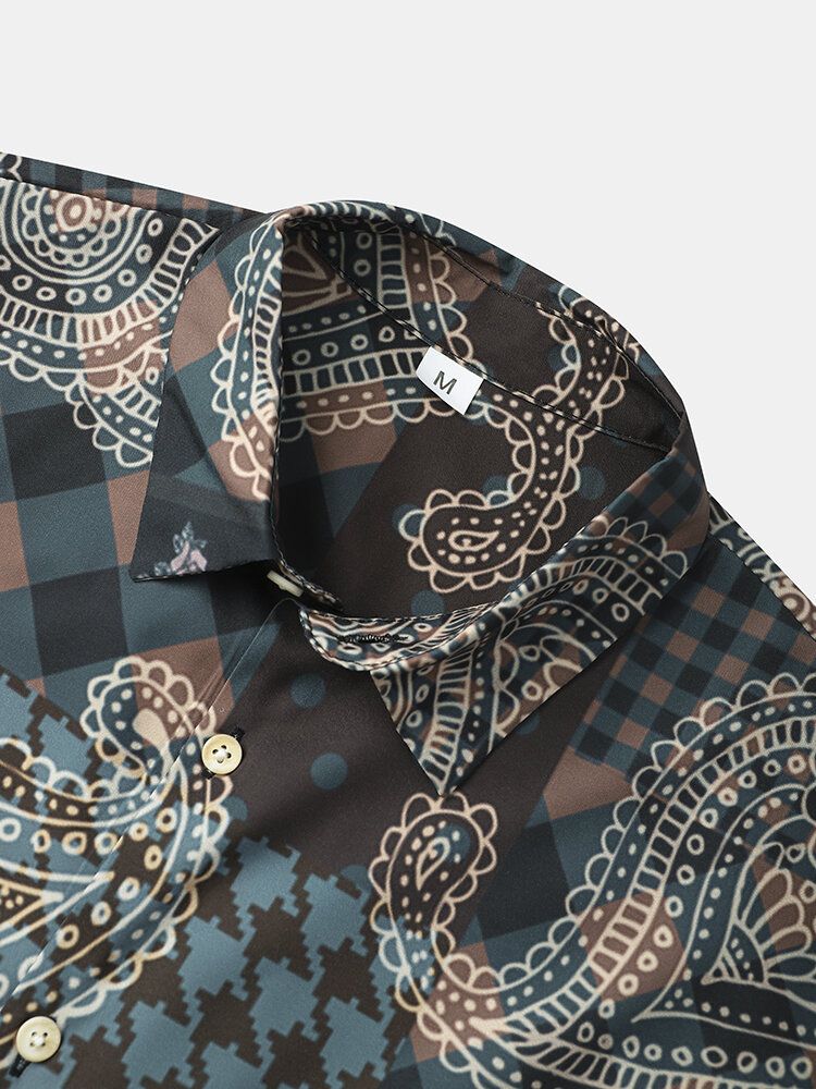 Paisley Mix Print Lapel Etnisk Stil Kortärmade Skjortor