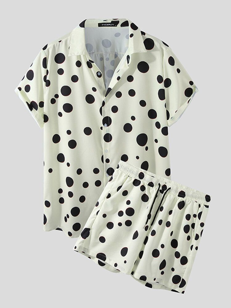 Polka Dot Print Lapel Shorts Med Dragsko Casual Skjortor Shorts