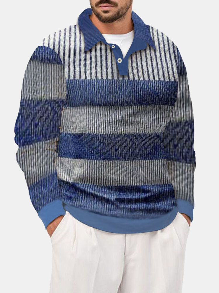 Randig Färgblockknapp För Män Långärmad Casual Pullover Golfskjortor