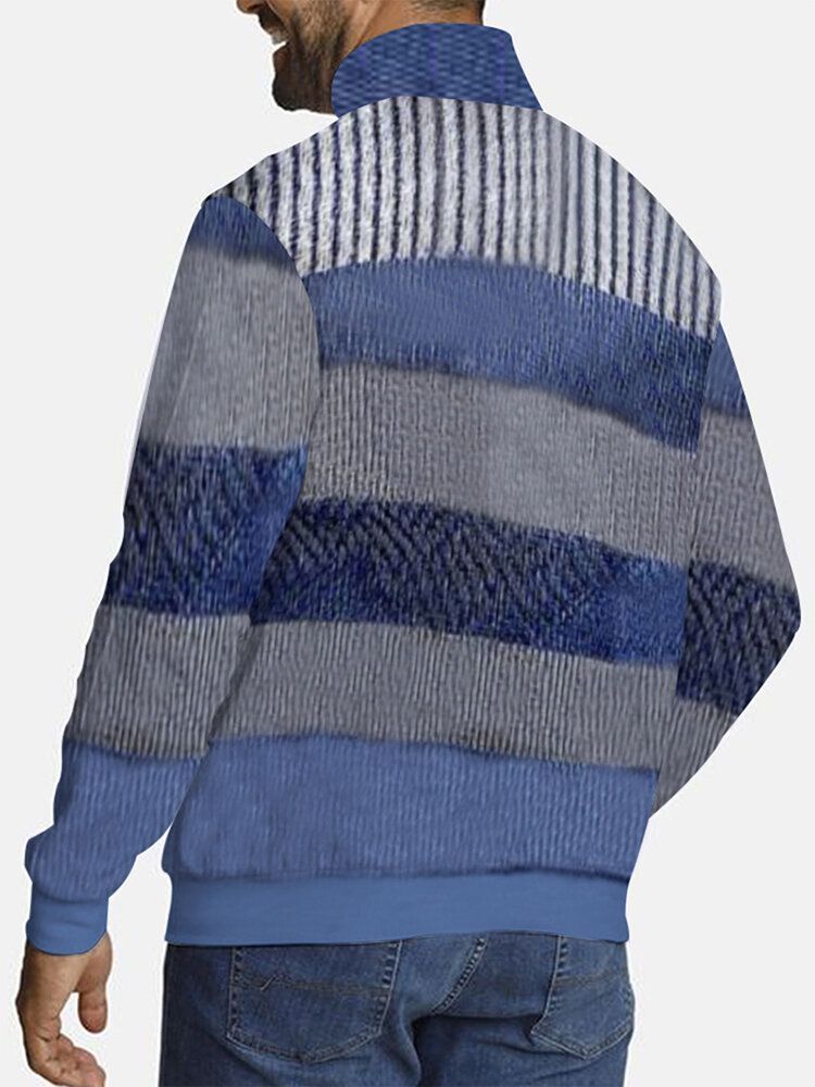 Randig Färgblockknapp För Män Långärmad Casual Pullover Golfskjortor