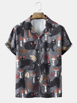 Street Cat Mushroom Print Revere Collar Shirts För Män