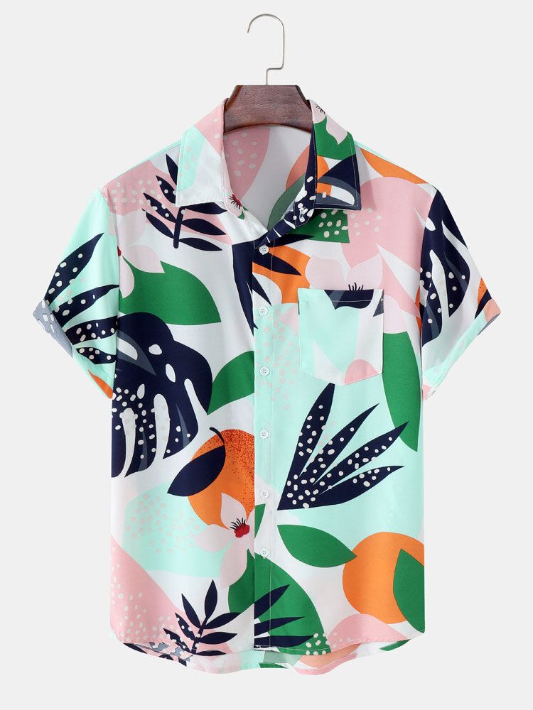 Tropical Leaf Color Block Print Vacation Kortärmade Skjortor