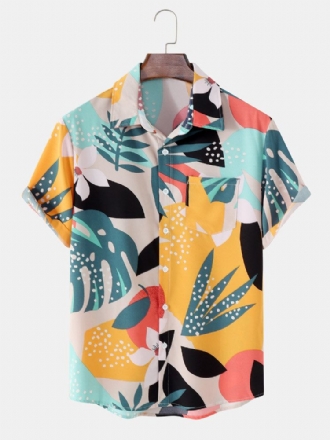 Tropical Leaf Color Block Print Vacation Kortärmade Skjortor