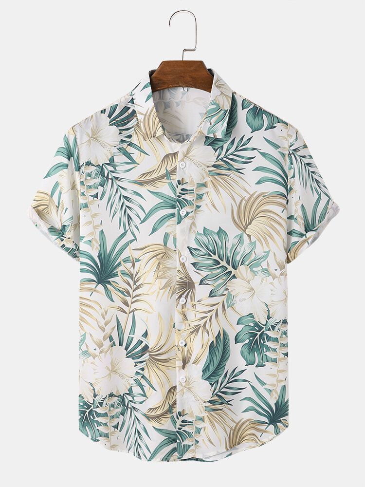 Tropical Plant Print Button Up Holiday Kortärmade Skjortor För Män