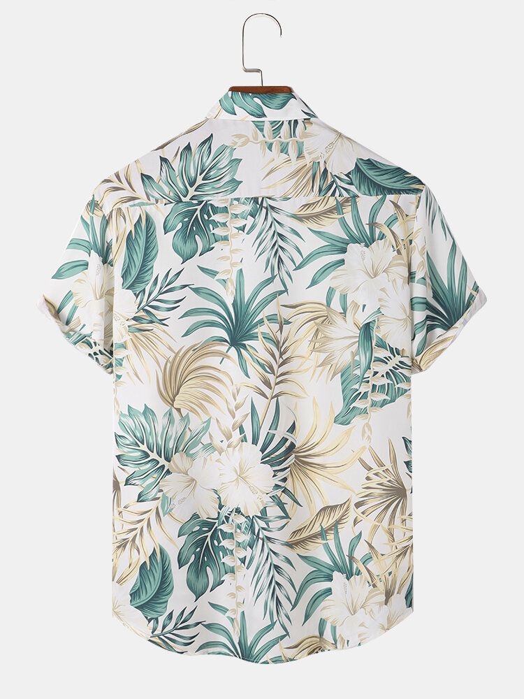 Tropical Plant Print Button Up Holiday Kortärmade Skjortor För Män