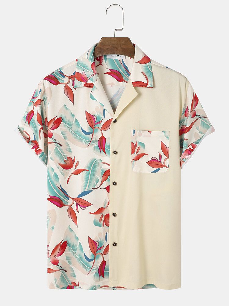 Tropical Plant Print Patchwork Revere Collar Kortärmade Skjortor