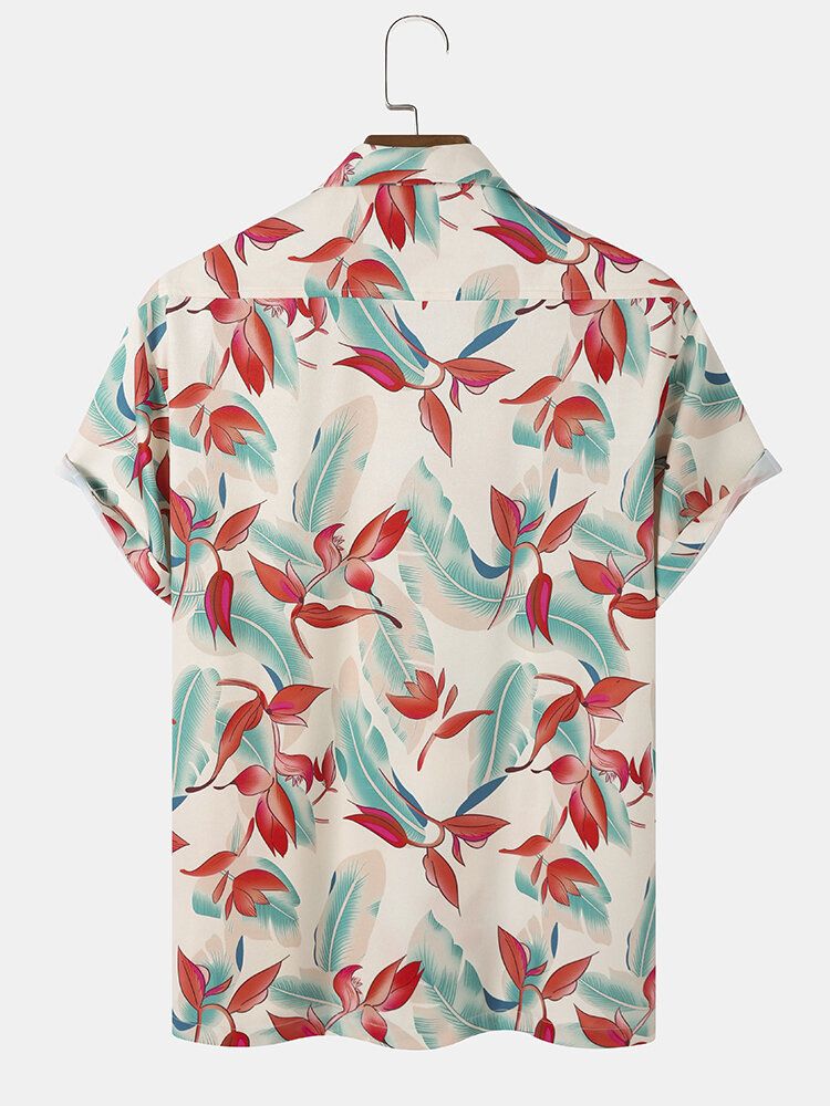 Tropical Plant Print Patchwork Revere Collar Kortärmade Skjortor