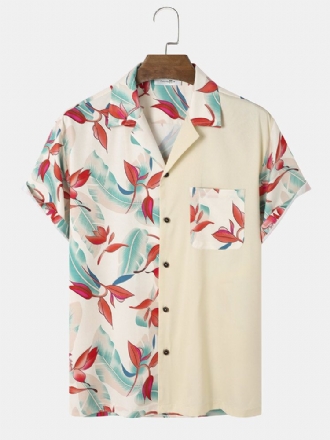 Tropical Plant Print Patchwork Revere Collar Kortärmade Skjortor