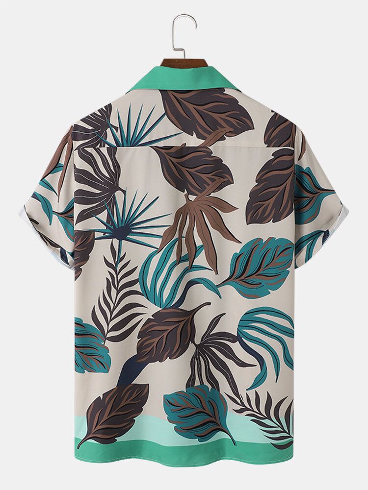 Tropical Plant Stripe Print Revere Collar Holiday Kortärmade Skjortor