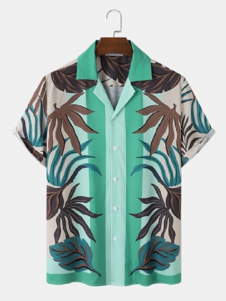 Tropical Plant Stripe Print Revere Collar Holiday Kortärmade Skjortor