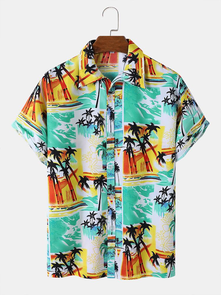 Tropical Scenery Print Lapel Holiday Kortärmade Skjortor För Män