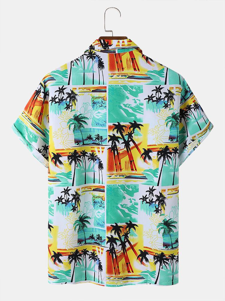 Tropical Scenery Print Lapel Holiday Kortärmade Skjortor För Män